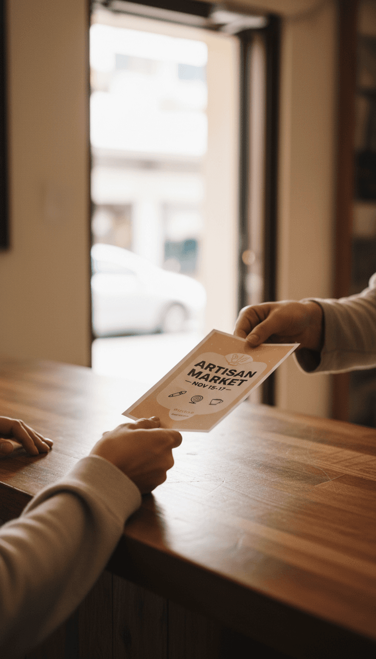 Customer's hand receiving a printed flier across a shop counter