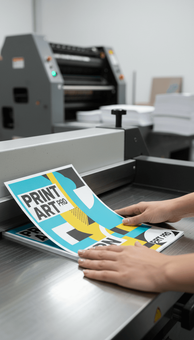 Hands placing printed fliers into a paper trimmer