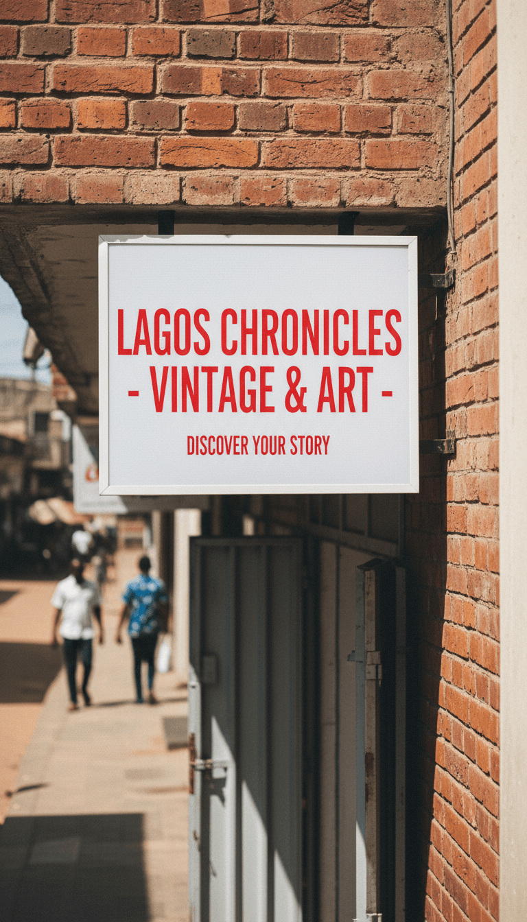 Signage board mounted on a brick wall outside a Lagos shop