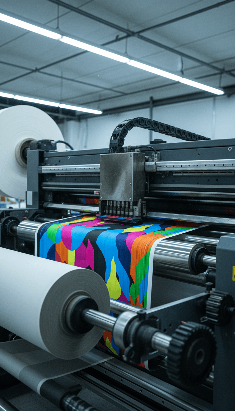 Roll-to-roll printer printing a colorful banner in a workshop