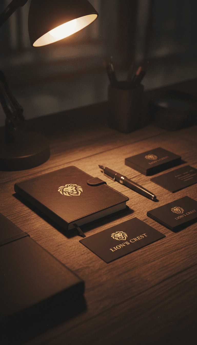 Matching branded notebook, pen, and business card on a wooden desk