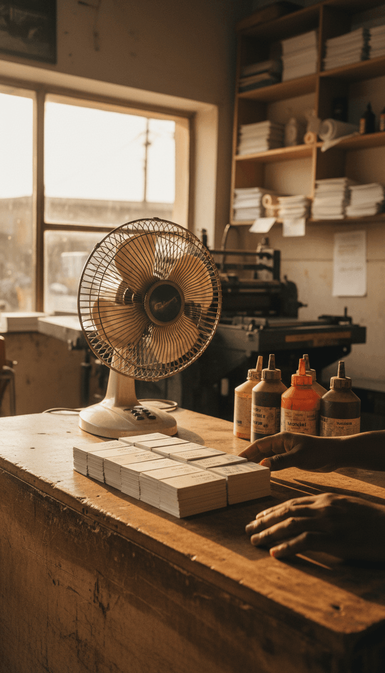 Stack of freshly printed business cards on a wooden desk in a small print shop