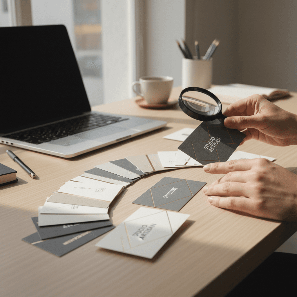 Close-up of hands flipping through a stack of freshly printed business cards on a wooden desk