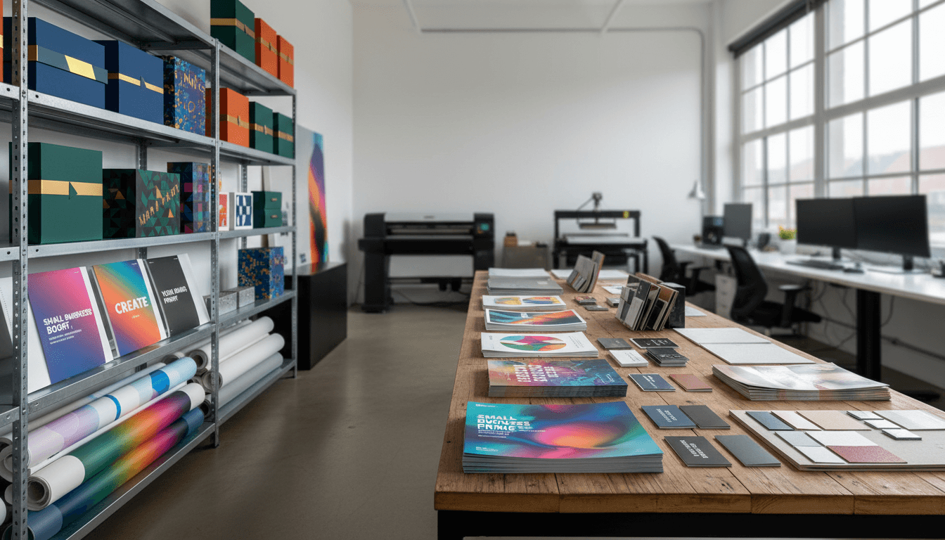 Stack of freshly printed business cards on a wooden worktable in a small printing shop