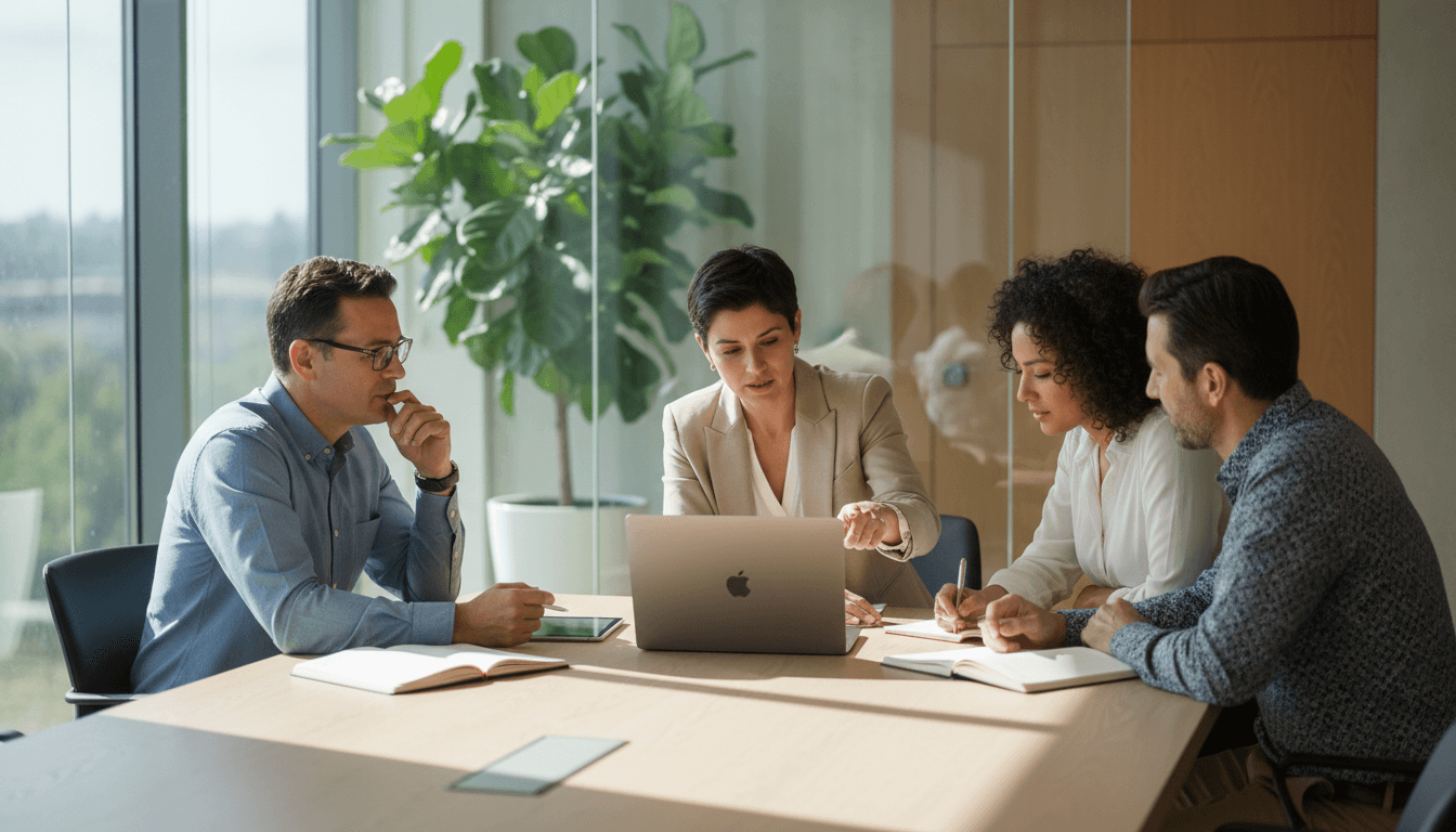 Four diverse professionals collaborating around a conference table in a bright, glass-walled meeting room with natural window light
